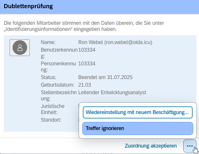 Dublettenprüfung ersetzt die Funktion "inaktive Mitarbeiter erneut einstellen" in SAP SuccessFactors Employee Central