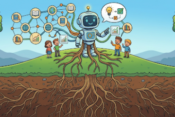 AI Robot grounded with Roots like a tree representing Joule Document Grounding