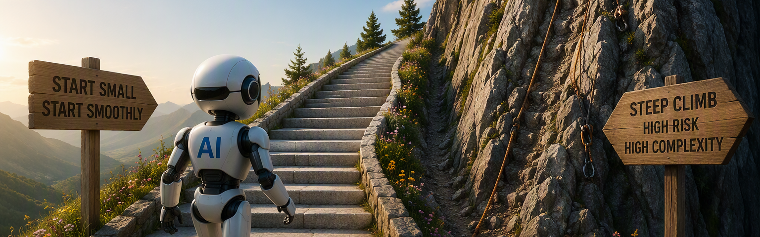 AI-Bot walks up easy stairs to SuccessFactors AI rather than picking a steep rock climb