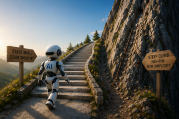 AI-Bot walks up easy stairs to SuccessFactors AI rather than picking a steep rock climb