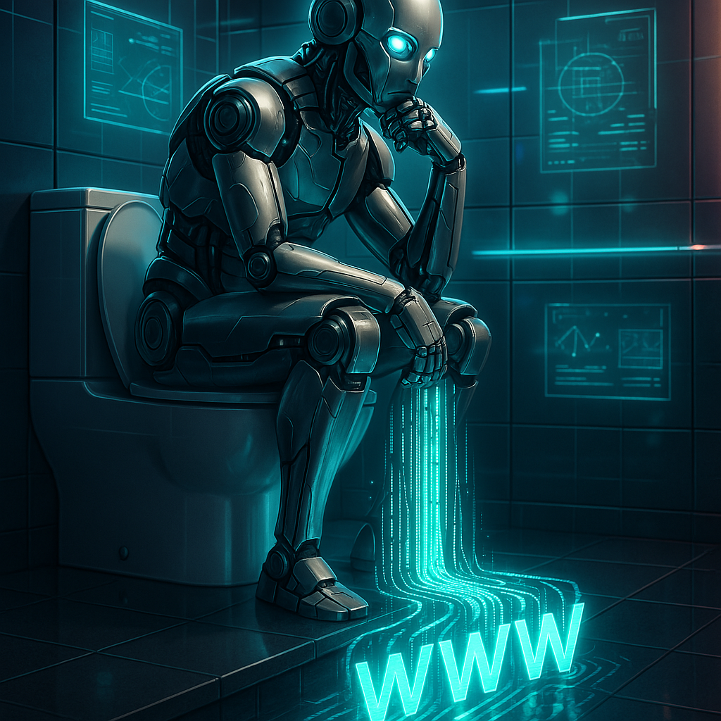 Ein Roboter als Symbol für eine KI / ein LLM sitz auf der Toilette und seine Exkremente laufen ins WWW