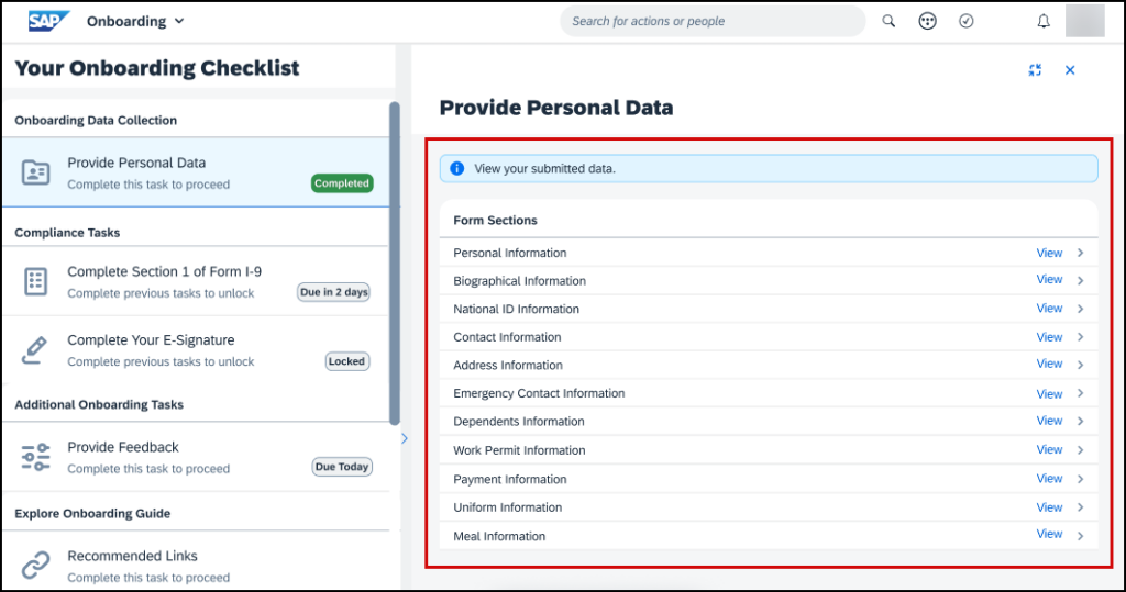 Neue Onboardee Datanansicht in SAP SuccessFactors Onboarding: 